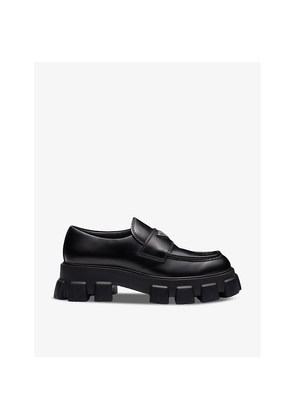 Mens Prada Monolith Logo-Embellished Brushed Leather Loafers