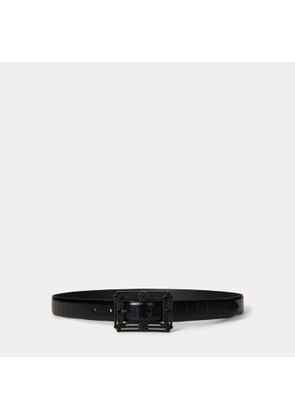 Embellished-Buckle Embossed Skinny Belt