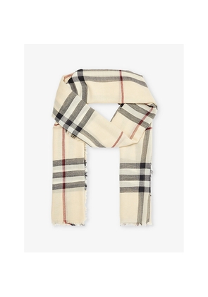 Womens Burberry Checked Frayed-Trim Wool Scarf