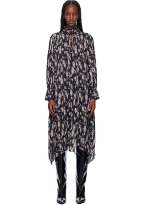 GANNI Black Floral Printed Pleated Midi Dress