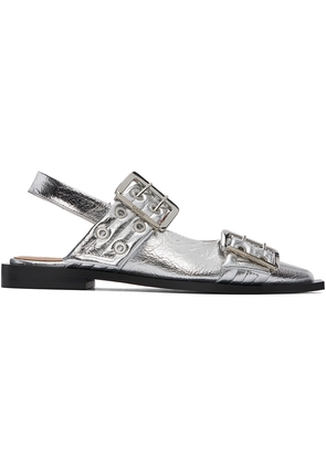 GANNI Silver Feminine Buckle Ballerina Flats