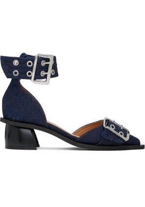 GANNI Navy Feminine Buckle Open Cut Heels