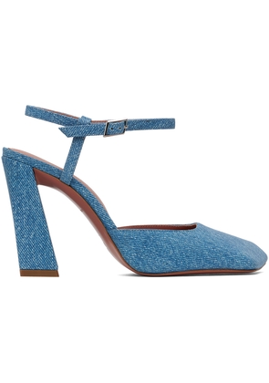 Amina Muaddi Blue Suede Printed Denim Heels