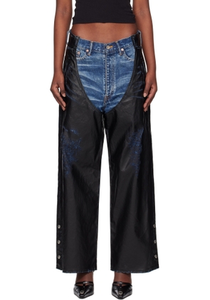 doublet Blue & Black Faux-Leather Coating Chaps Jeans