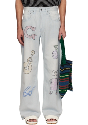 Glass Cypress Blue Embroidered Oversized Denim Jeans