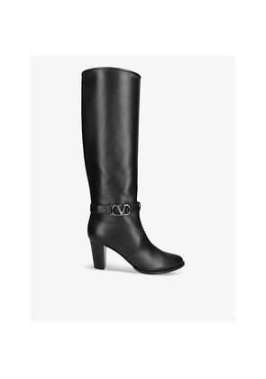 Womens Valentino Garavani V-Logo Signature Knee-High Heeled Leather Boots
