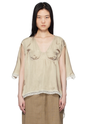Pushbutton Beige Bra Point Square Blouse