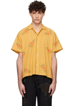 HARAGO Yellow Floral Embroidered Short Sleeve Shirt