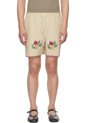 HARAGO Off-White Beadwork Floral Shorts
