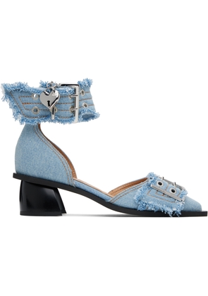 GANNI Blue Denim Feminine Buckle Open Cut Heels