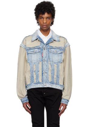 Dsquared2 Blue & Beige Super Ripped Mixed Denim Jacket
