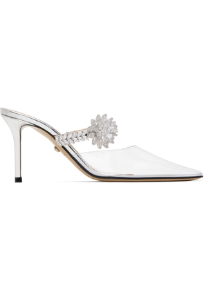 MACH & MACH Silver Lotus Flower Jewelled Clear Mules