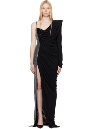 Balmain Black Draped Asymmetrical Two-Material Maxi Dress