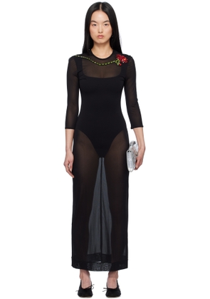 Simone Rocha Black Embellished Carnation Fitted Mesh Maxi Dress