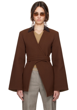Tory Burch Brown Asymmetrical Pique Wrap Blazer