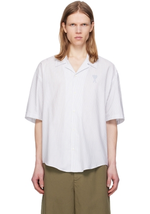 AMI Paris White & Blue Cotton Camp Collar Short Sleeves Shirt
