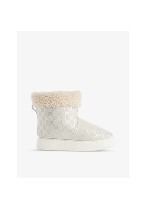 Womens Gucci Metallic Brand-Monogram Shearling-Trim Suede Boots