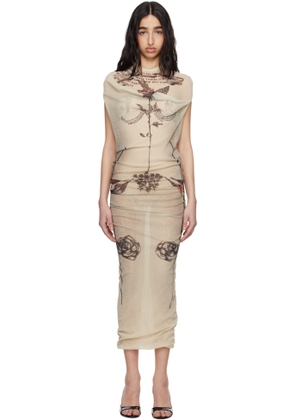 Jean Paul Gaultier Beige 'The Tattoo Rose and Bird' Maxi Dress