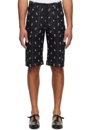 Anna Sui Black Embroidered Roses Denim Cargo Shorts