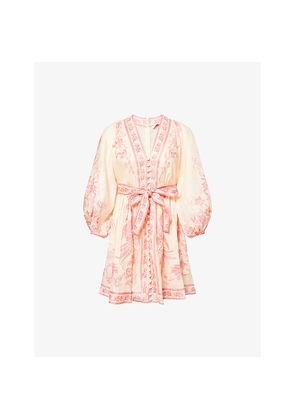 Womens Zimmermann Lucky Plunge-Neck Linen Mini Dress