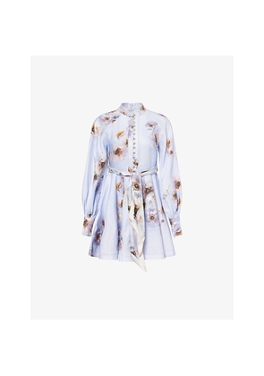 Womens Zimmermann Printed Silk-Belt Buttoned Linen Mini Dress