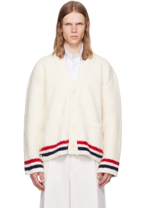 Thom Browne White Chunky Rib Stitch V Neck Cardigan