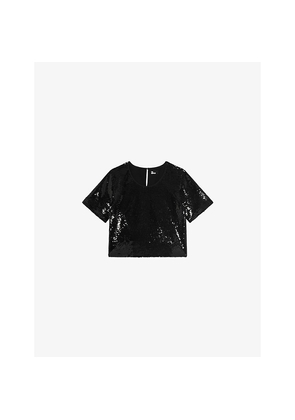 Womens The Kooples Cropped Short-Sleeved Sequin-Embellished Top