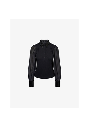 Womens Me And Em Sequin Embellished-Trim Puff-Sleeve Cotton and Modal-Blend Shirt