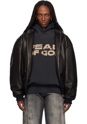 Fear of God Black Hooded Leather Bomber Jacket