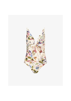 Womens Zimmermann Patience Tuck Plunge Floral One-Piece Swimsuit