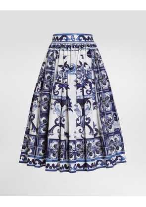Dolce & Gabbana Poplin Midi Skirt With Majolica Print - Woman Skirts Blue Cotton 38