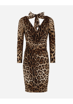 Dolce & Gabbana Short Charmeuse Dress With Leopard Print And Tie - Woman Dresses Animal Print Silk 40