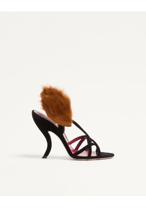 Valentino Garavani Fetishique Velvet Sandal With Fur Leaf 105 Mm Woman BLACK 35
