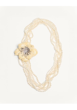 Valentino Garavani Fleur Lumineuse Necklace In Metal, Enamel, Pearls And Fabric Woman GOLD/CREAM UNI