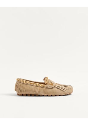 Valentino Garavani Plaster Caster Driver Loafer In Crust Leather With Fringes Woman DESERT SAND 35
