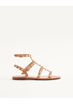 Valentino Garavani Rockstud Flat Calfskin Sandal With Straps Woman ALMOND 35