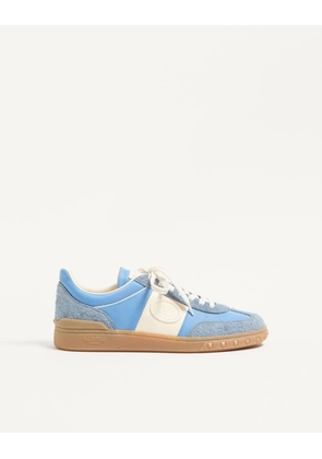Valentino Garavani Upvillage Low Top Trainer In Crust Leather And Nylon Man AZURE/IVORY 39
