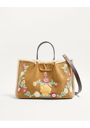 Valentino Garavani Valentino Garavani Medium Shopping Bag In Embroidered Suede With Sheepskin Lining Woman HAVANA BEIGE UNI