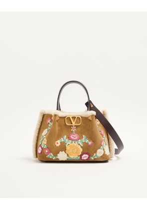 Valentino Garavani Valentino Garavani Small Shopping Bag In Embroidered Suede With Sheepskin Lining Woman HAVANA BEIGE UNI