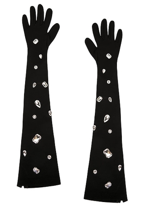 David Koma All Over Crystal Embroidered Long Gloves in Black & Silver - Black. Size L (also in ).