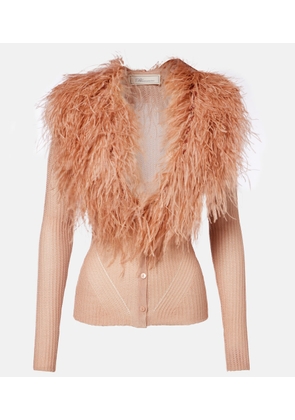 Blumarine Feather-trimmed ribbed-knit cardigan