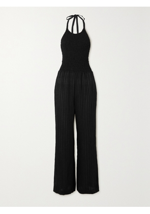 THREE GRACES LONDON - Shefali Cutout Shirred Seersucker Halterneck Jumpsuit - Black - UK 6,UK 8,UK 10,UK 12,UK 14,UK 16