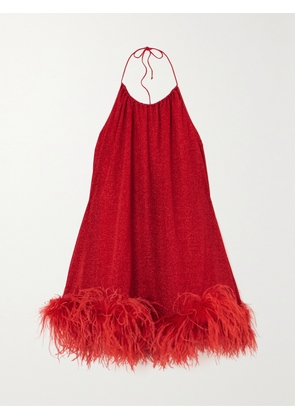 Oséree - Lumière Feather-trimmed Metallic Stretch-knit Halterneck Mini Dress - Red - S/M,M/L