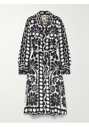 Farm Rio - Palmero Belted Printed Satin Midi Shirt Dress - Black - xx small,x small,small,medium,large,x large