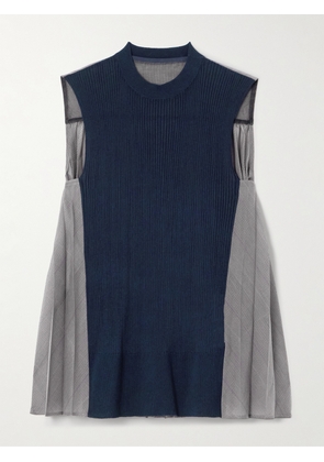 Sacai - Paneled Ribbed Cotton-blend And Pleated Checked Voile Top - Blue - 1,2,3,4