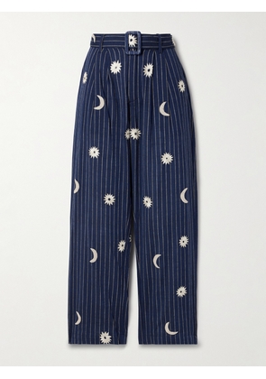 ALIX OF BOHEMIA - Colette Belted Embroidered Pinstriped Cotton-canvas Straight-leg Pants - Blue - x small,small,medium,large,x large
