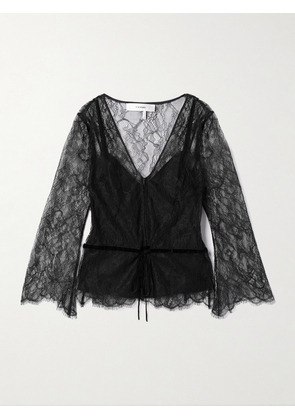 FRAME - Tie-detailed Velvet-trimmed Lace Blouse - Black - xx small,x small,small,medium,large,x large