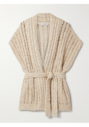 Brunello Cucinelli - Belted Sequined Open-knit Cardigan - Neutrals - xx small,x small,small,medium,large,x large