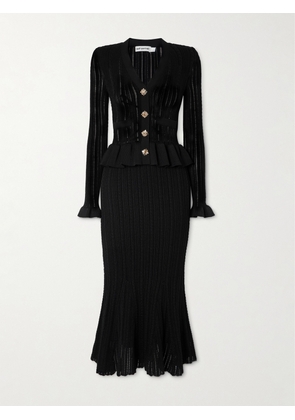 Self-Portrait - Crystal-embellished Pointelle-knit Peplum Midi Dress - Black - x small,small,medium,large