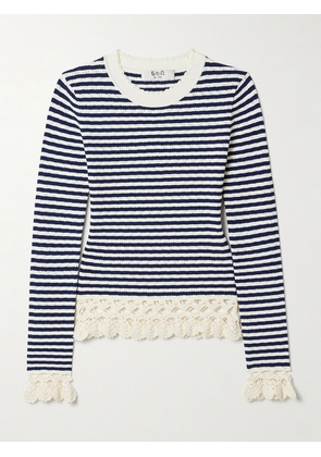 Sea - Addy Crocheted Cotton-trimmed Striped Pointelle-knit Sweater - Blue - xx small,x small,small,medium,large,x large